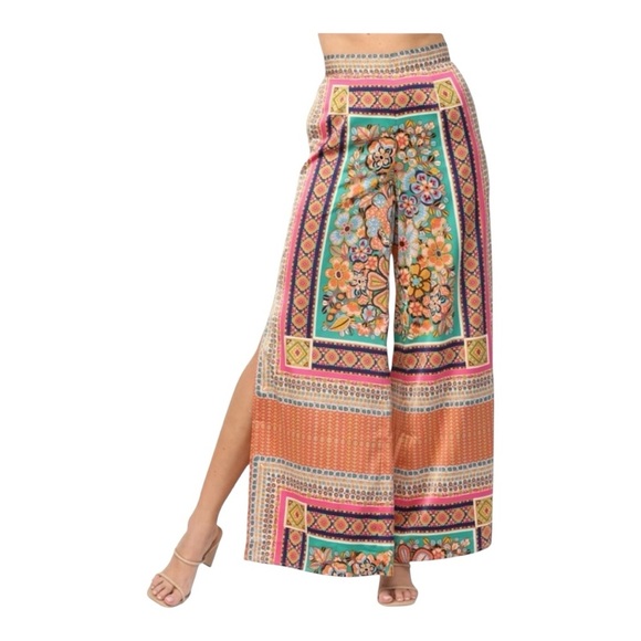Fate NWT Boho Floral Scarf Print Wide-Leg Side Slit Palazzo Pants Women’s S - Picture 1 of 10